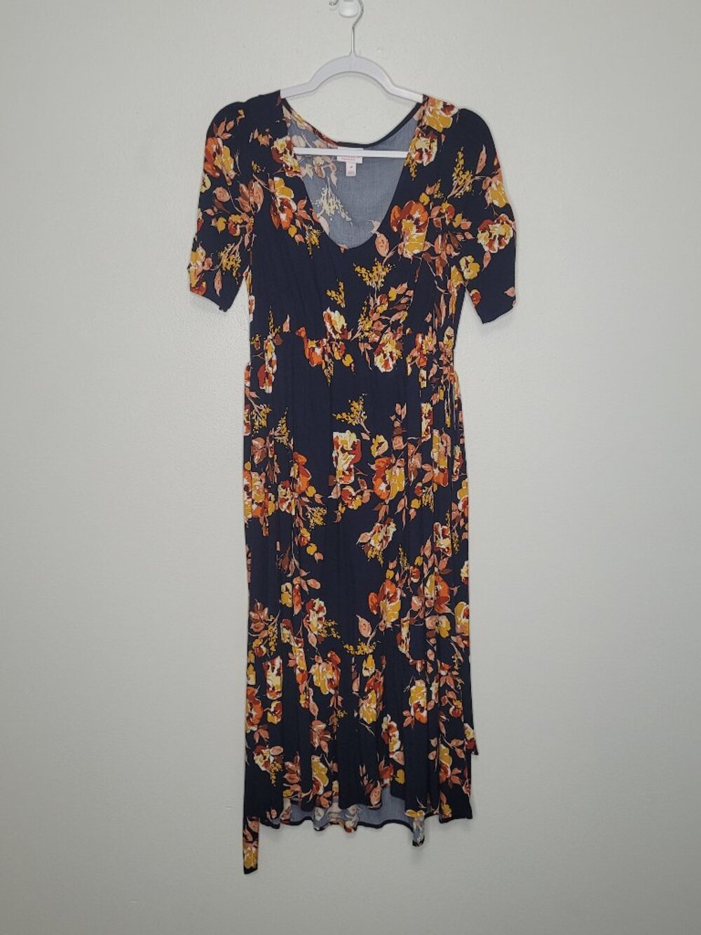Isabel Maternity dark blue orange floral elastic waist belt tie cottage dress M - Picture 2 of 7
